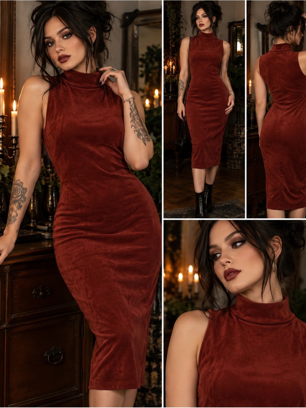 RD Style Burgundy Velvet Dress Womens Medium Stretch Sleeveless Mock Neck Midi